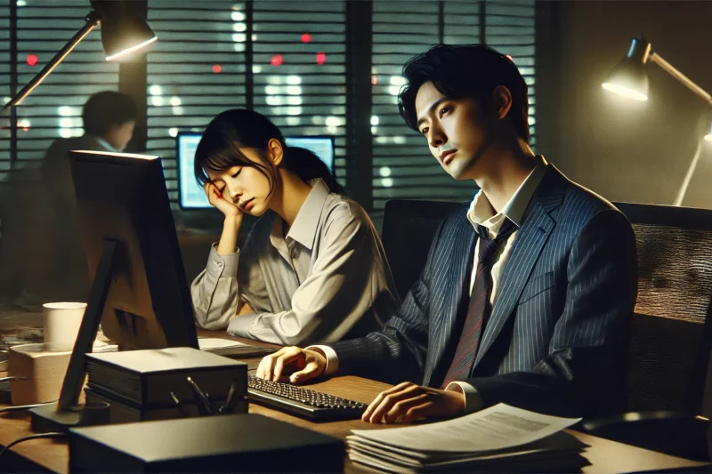 深夜残業している日本人男性と日本人女性