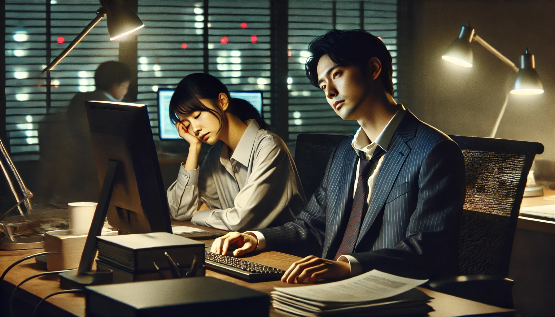 深夜残業している日本人男性と日本人女性