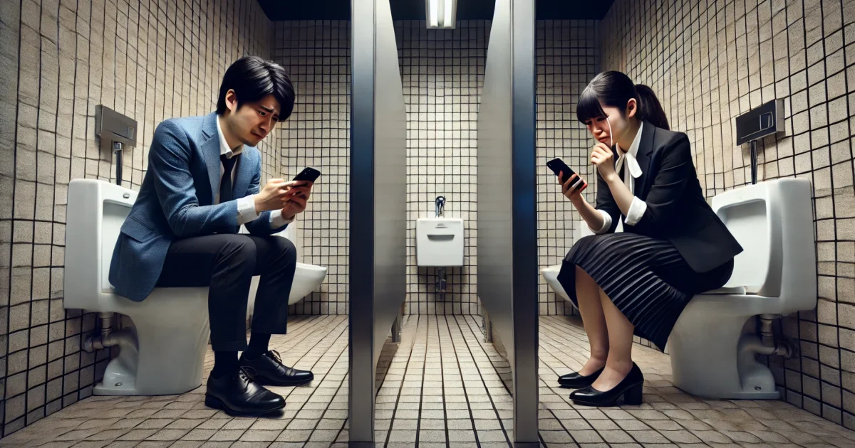 トイレで泣きながらスマートフォンを操作する会社員