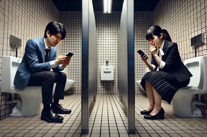 トイレで泣きながらスマートフォンを操作する会社員