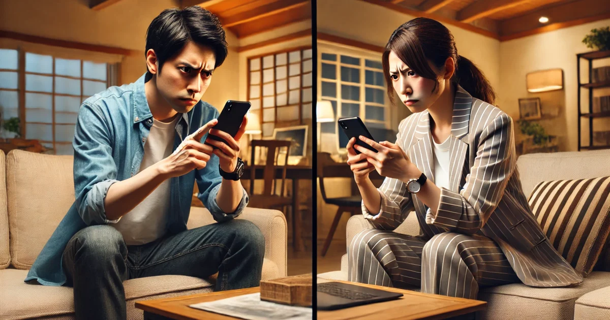 自宅でスマートフォンを操作している日本人男女