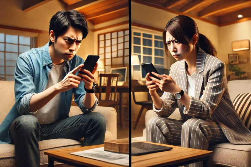 自宅でスマートフォンを操作している日本人男女