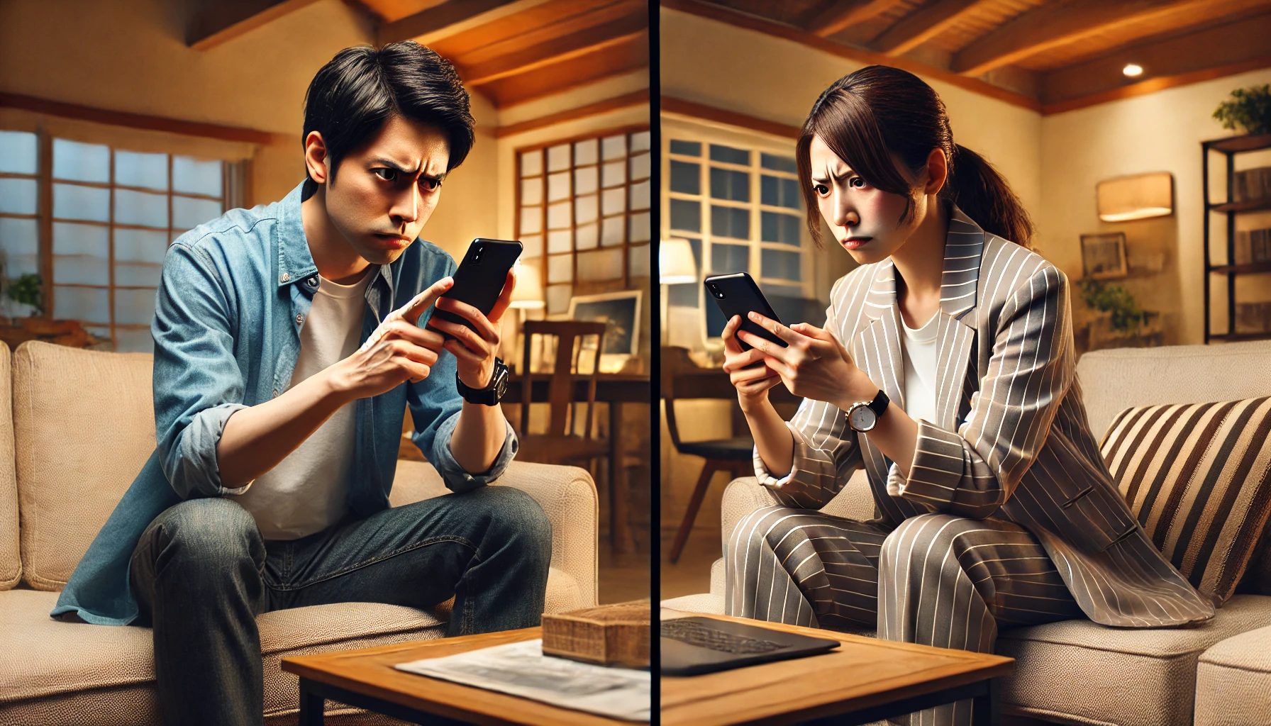 自宅でスマートフォンを操作している日本人男女